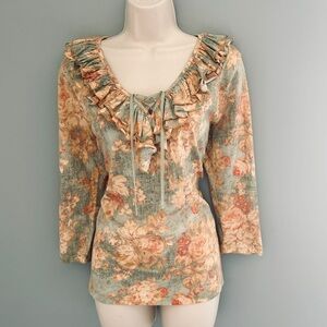 Lauren Jeans Co. Ralph Lauren Cotton Tapestry Print Ruffle Neck Top Size Medium